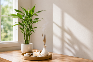 Minimalist Feng Shui-inspired home corner with a green indoor plant, candle, incense holder, and natural sunlight creating a peaceful and balanced living space.