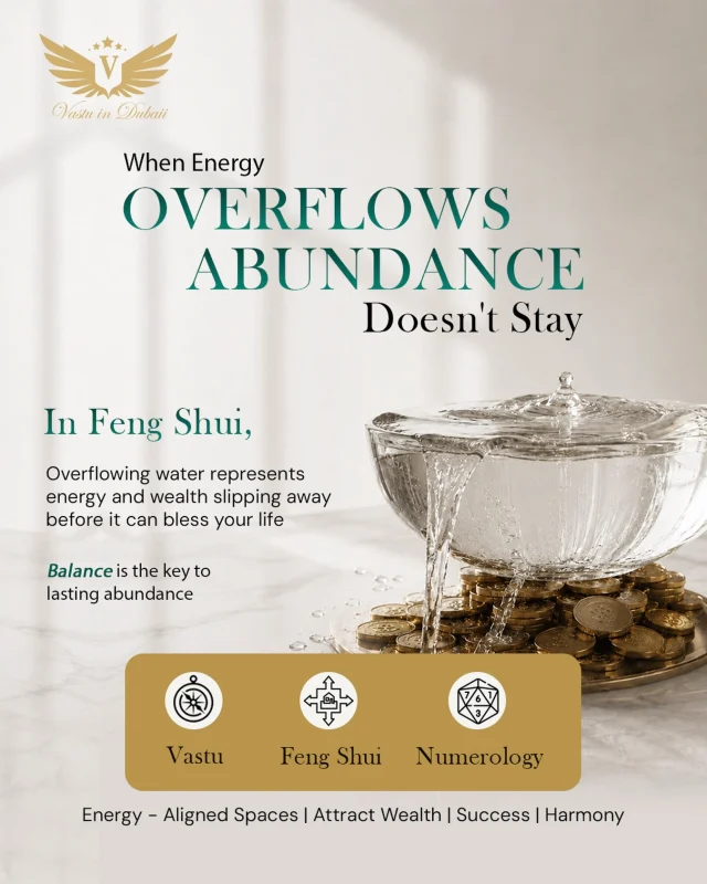 When Energy Overflows, Abundance Doesn’t Stay. 💧✨

In Feng Shui, overflowing water isn’t just about aesthetics it symbolizes energy, wealth, and opportunities flowing away before they can benefit you.

Many homes unknowingly have energy imbalances caused by the incorrect placement of water features or décor. These small mistakes can affect the overall harmony of your space and influence your financial stability, relationships, and peace of mind.

True abundance comes from balanced energy. When your surroundings are aligned they naturally support growth, prosperity, and well-being.

DM us to discover how your space can work for you, not against you.

(Feng Shui Tips, Wealth Energy, Abundance Mindset, Positive Energy, Home Harmony, Vastu Consultant Dubai)

#vastuindubaii #fengshuitips #positiveenergy #wealthattraction #homeharmony