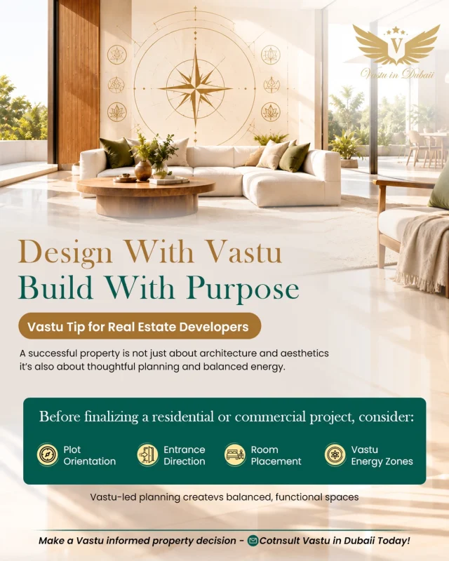 Design with Vastu. Build with Purpose.

A successful property is more than beautiful architecture it’s about thoughtful planning, functional design, and creating spaces that feel balanced and harmonious.

For real estate developers, incorporating Vastu principles at the planning stage can help create spaces designed with intention, comfort, and positive energy. 🌿

📐 Key Vastu considerations for your next project:
✅ Plot orientation and layout
✅ Main entrance direction
✅ Room placement and functionality
✅ Vastu energy zones

Whether you’re planning a residential community, luxury villa, or commercial development, early Vastu consultation can help you make more informed design decisions.

At Vastu in Dubaii, we bring traditional Vastu principles into modern property planning to help you create spaces with purpose. ✨

📩 Planning a new project in Dubai? Connect with Vastu in Dubaii for a personalized Vastu consultation.

🌟 Build thoughtfully. Design mindfully. Create with purpose.

#vastuindubaii i #VastuDubai #VastuShastra #RealEstateDubai #dubaidevelopers